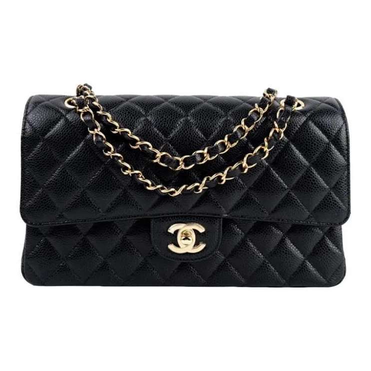 CHANEL Classic Double Flap Quilted Caviar Gold-tone Medium Black