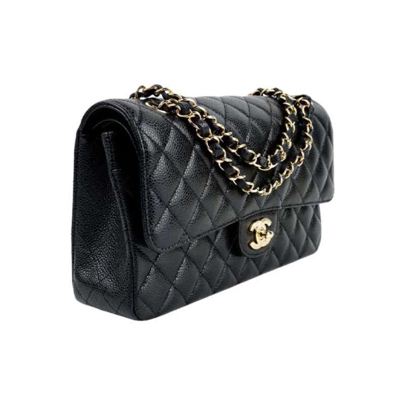 CHANEL Classic Double Flap Quilted Caviar Gold-tone Medium Black