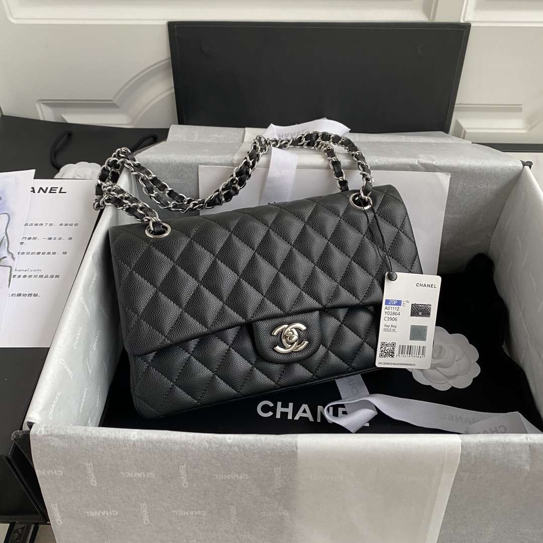 CHANEL Classic Double Flap Quilted Caviar Gold-tone Medium Black